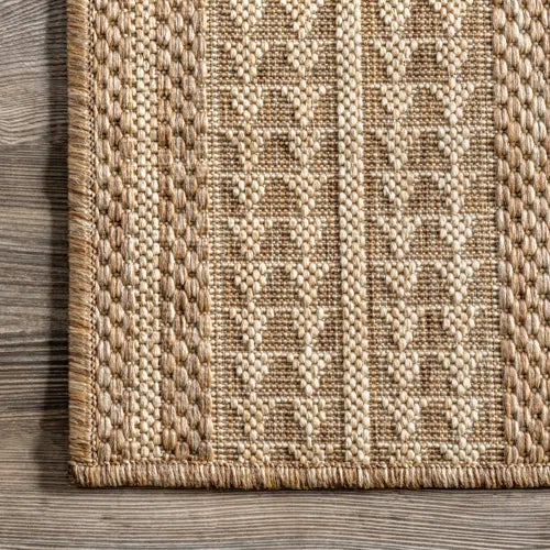Geometric Indoor/Outdoor Rug for Living Room Patio Deck Front Porch Entryway Hallway Kitchen, Light Brown/Ivory