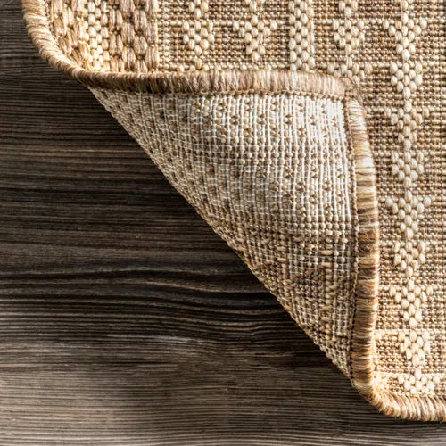 Geometric Indoor/Outdoor Rug for Living Room Patio Deck Front Porch Entryway Hallway Kitchen, Light Brown/Ivory