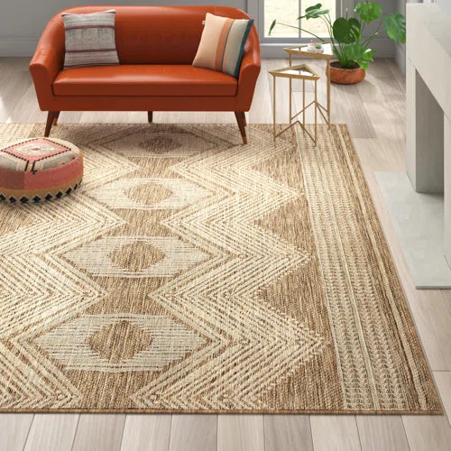 Geometric Indoor/Outdoor Rug for Living Room Patio Deck Front Porch Entryway Hallway Kitchen, Light Brown/Ivory