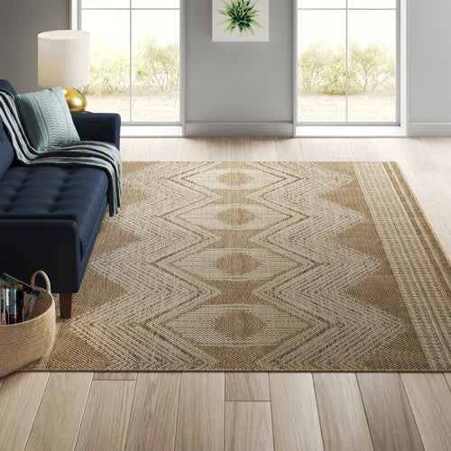 Geometric Indoor/Outdoor Rug for Living Room Patio Deck Front Porch Entryway Hallway Kitchen, Light Brown/Ivory